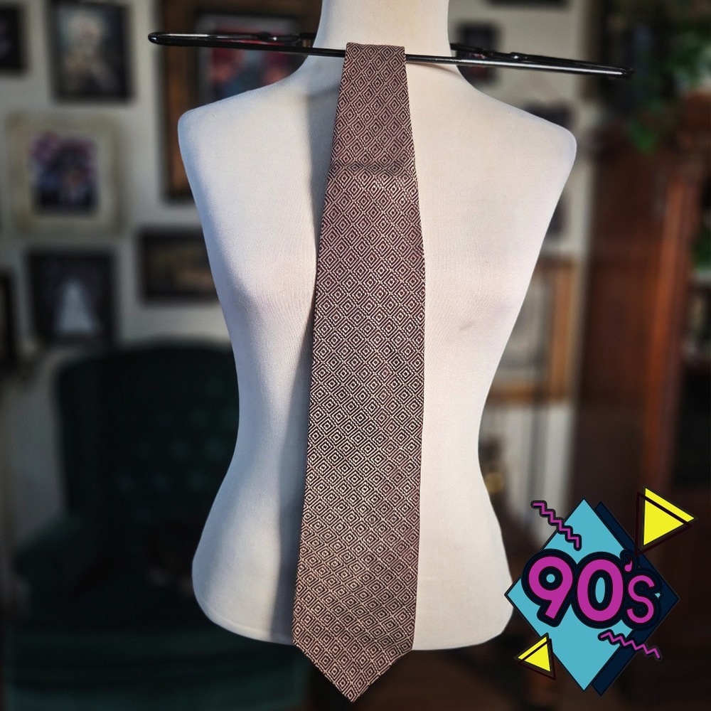 Vintage 90s Structure Tie Mens Silk Geometric Diamond Burgundy Brown Made in USA